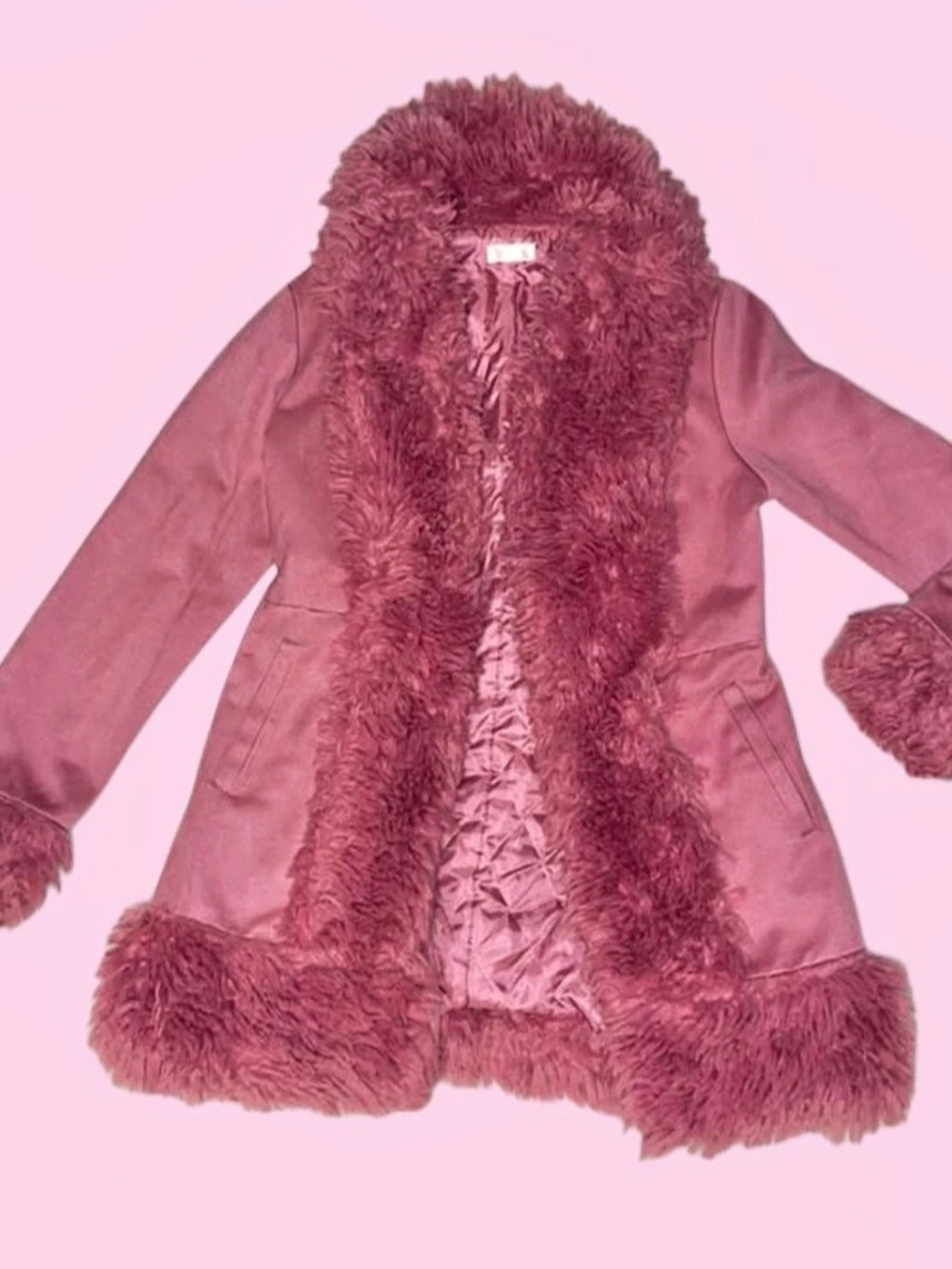Faux Fur Trim Coat in Pink Like New